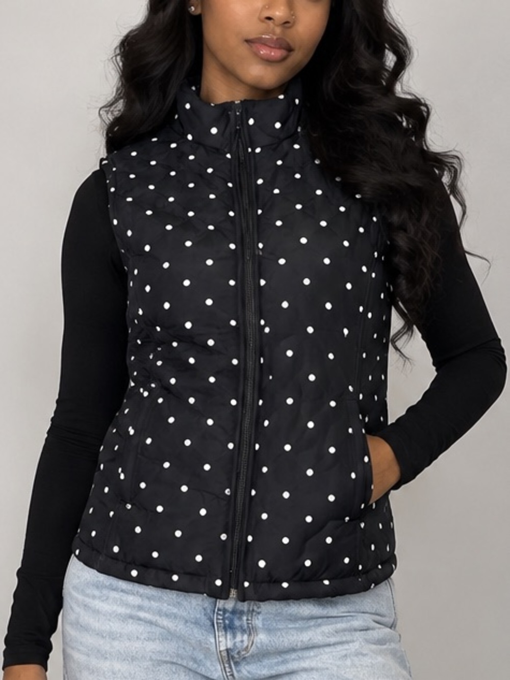 Basic Editions Black Polka Dot Quilted Sleeveless Vest